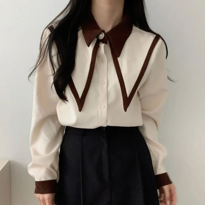 Vintage Shirts Women Korean Patchwork Black Long Sleeve Blouses Office Ladies Elegant Red Casual Chic Chiffon Tops New