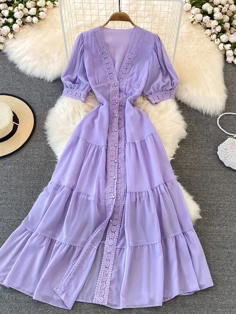 New Women Vintage Party Dress Summer Puff Sleeve Sexy V Neck Lace Single-breasted Long Dresses Ladies A Line Elegant Long Robe