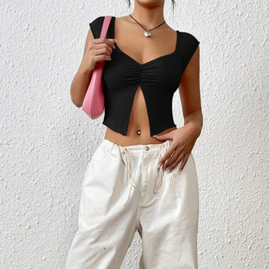 Instagram’s new  European and American sexy Spice girls design a thin short T-shirt with a slit under the chest