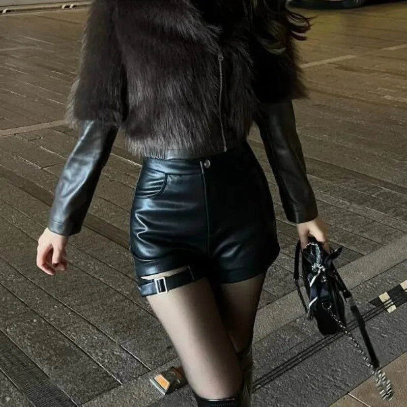 High-Waist Lace-Up Leather Shorts