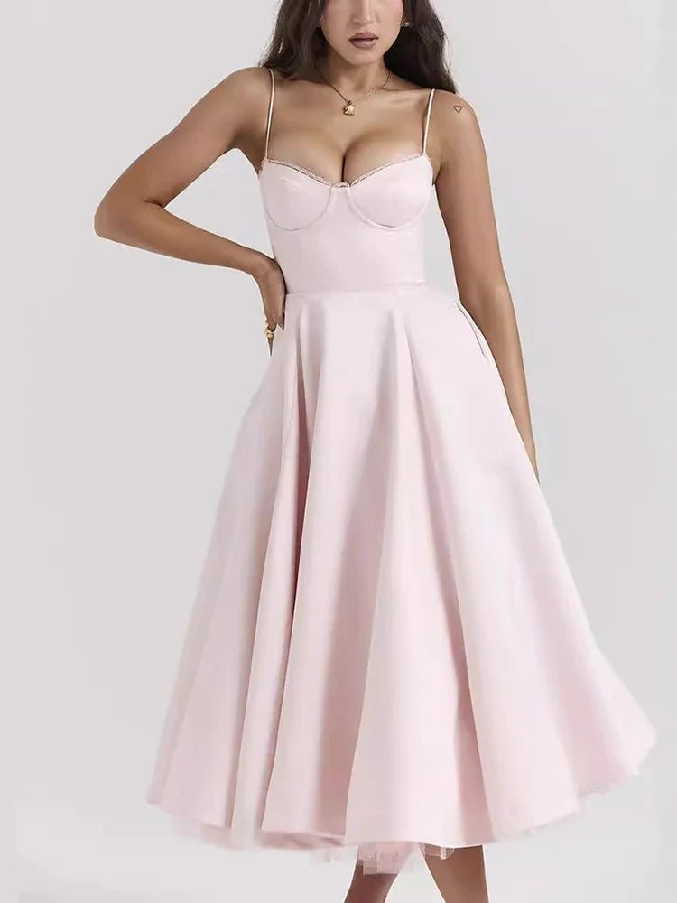 A-line Backless Spaghetti Strap Midi Dress