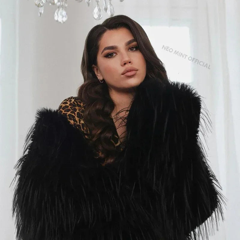 Winter Tassels Faux Fur Coat for Women Stylish Chic Fluffy Fur Jacket Furry Fox Fur Overcoat Girl Shaggy Outerwear