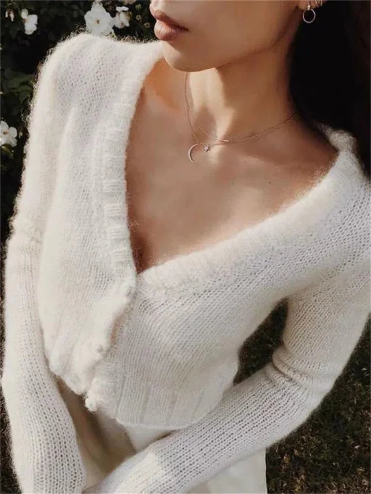 V-Neck Knitwear Sweater Cardigan For Women Cropped Long Sleeve Streetwear Sexy Cropped Knit Outwear Women’s Patchwork Coat