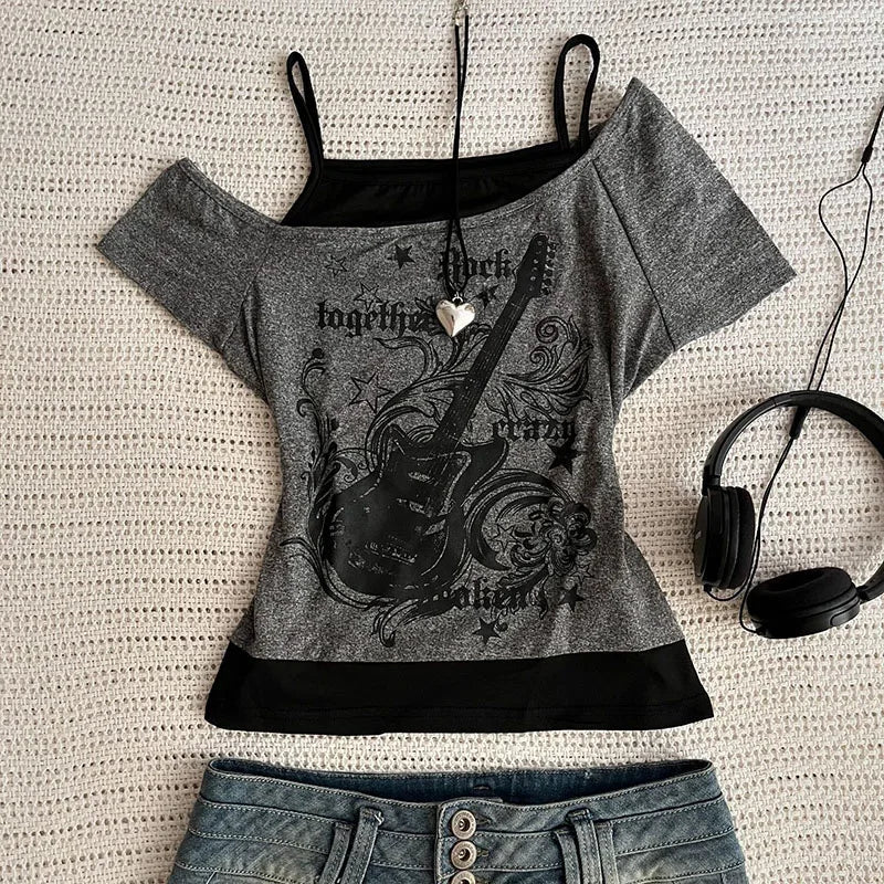 Y2k Slim Fit Print Tops Off Shoulder Short Sleeve Tee Shirt Neploe American Vintage Fake Two Piece Halter Lace Up T-shirts
