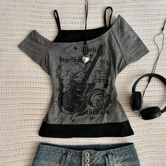 Y2k Slim Fit Print Tops Off Shoulder Short Sleeve Tee Shirt Neploe American Vintage Fake Two Piece Halter Lace Up T-shirts