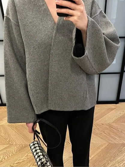 Vintage One Button Woolen Coat Women Gray Loose Long Sleeve V-neck Short Jacket Female Autumn Winter Casual Lady New in Outwears