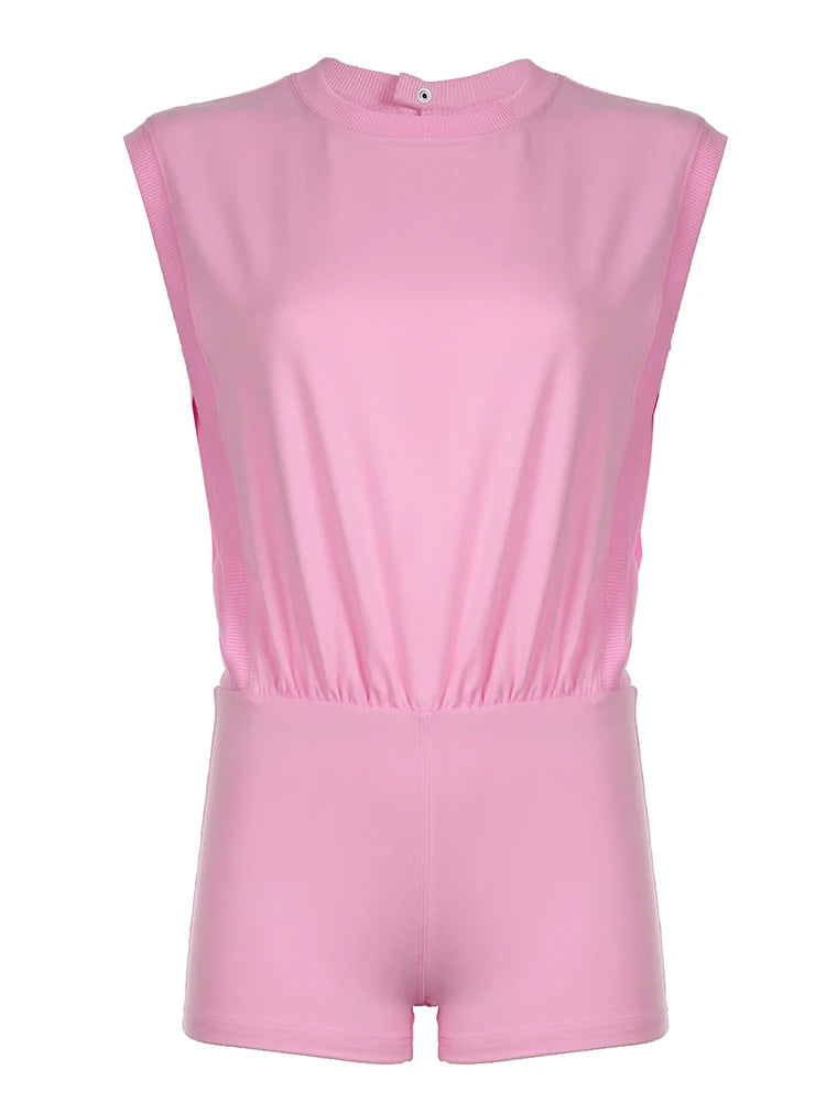 Hollow Out Back Sleeveless Boho Blouse Rompers Womens O Neck Solid Simple Casual Summer Vacation Beach Playsuits Pink