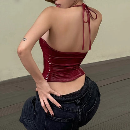 Faux Leather Red Halter Vest Club Outfits Women V-neck Metal Buckle Sexy Camis Top Backless Stylish Tanks High Street