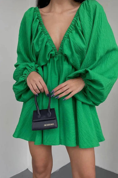 V-Neck Long-Sleeved Mini Dress