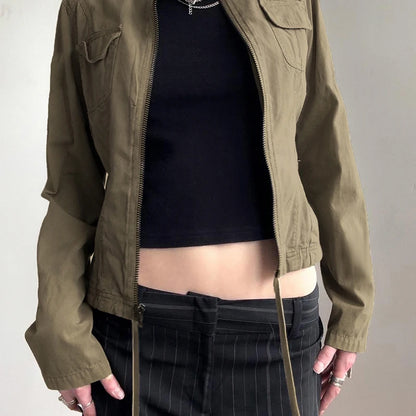 Women Patchwork Stand Collar Military Jacket Vintage Y2K Autumn Pockets Zipper Coat Grunge Style Streetwear Outfits