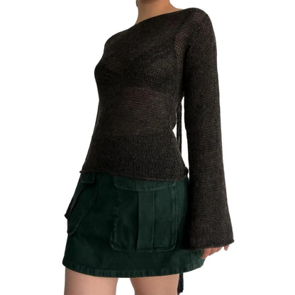 T-shirt Tie Back Sweaters Long Sleeve Boat Neck Solid Color Knit Pullover Casual Tops Streetwear Y2k Cami
