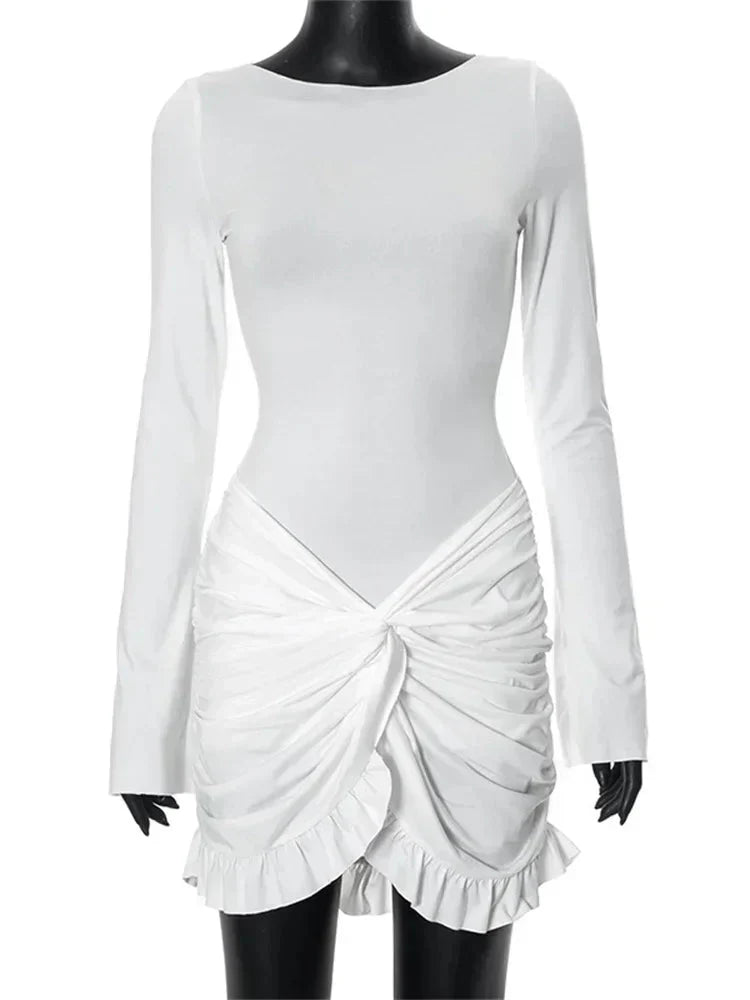 Ruffled Twist Skinny MIni Dress Long Sleeve Patchwork High Waist Party Dress FeY2k Bodycon Dress