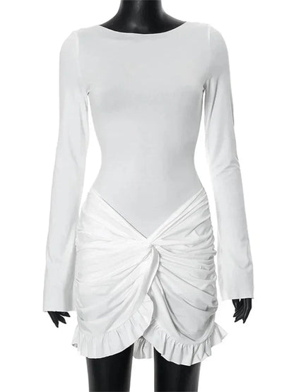 Ruffled Twist Skinny MIni Dress Long Sleeve Patchwork High Waist Party Dress FeY2k Bodycon Dress