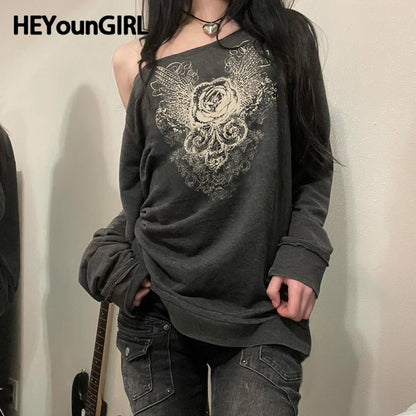 Women Graphic Print Slanted Collar Pullovers Y2K Street Outfits Harajuku Fashion Sweatshirt Grunge Style Retro Top