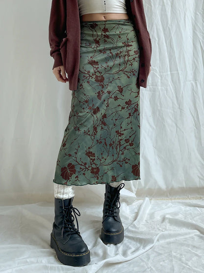 Retro Green Floral Print Y2K Long Skirts For Women Vintage Aesthetic Frills Hem Cute Preppy Outfits