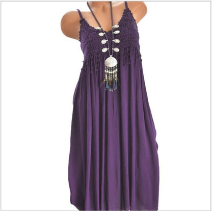 Solid Color Spaghetti Strap Dresses Women Sexy V-neck Lace Edge Patchwork Mini Dress Lady Trendy Streetwear Vestidos Summer New