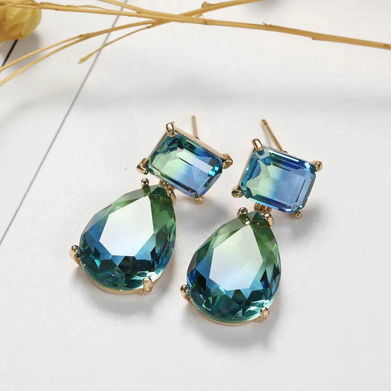 Luxury Blue Green Crystal Water Drop Earrings for Women by Lizakosht New Designer Jewelry