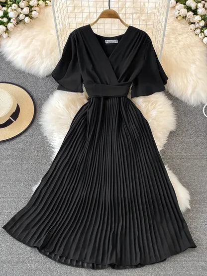 Women Elegant Pleated Dress Summer Short Sleeve V-neck Vintage Dresses Ladies A Line High Waisted Midi Dress