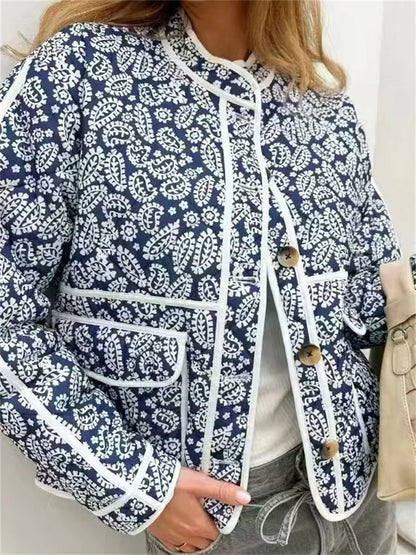 Fashion Printed Patchwork Jackets Female Contrast Loose Long Sleeve Autumn  Pocket High Street Coat Women’s Cardigan