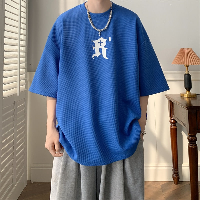 Waffle Letter Print T-shirts Urban Style  Half-sleeved Light Thin Breathable Y2k Unisex O-neck Tops Tee
