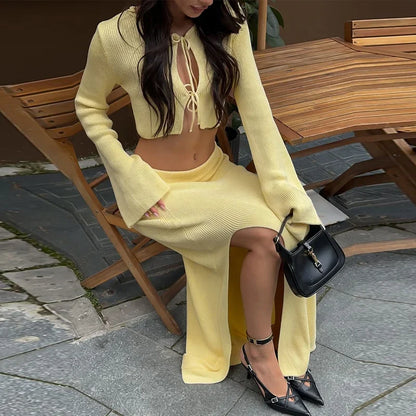 Women Knitted Lace Up 2pcs Set With Skirt Long Sleeve Waist Exposed Cardigan Sexy Slit Long Skirts Autumn New Matching Sets
