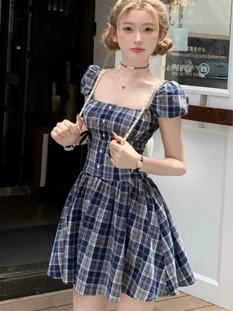 Y2K Plaid Short Dresses for Women Princess Birthday Party Dress Puff Sleeve Square Collar Bow Prom Summer Mini Vestidos Mujer
