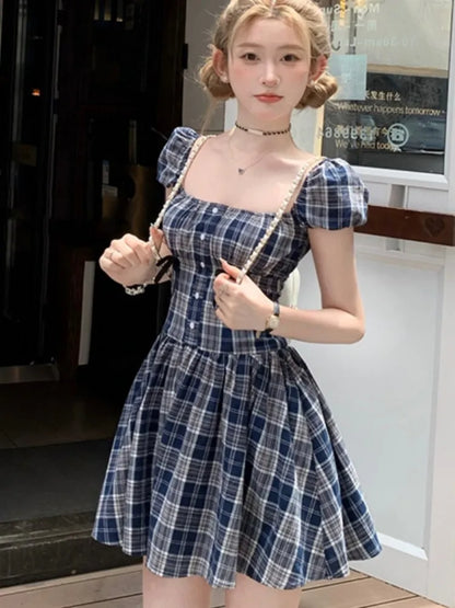 Y2K Plaid Short Dresses for Women Princess Birthday Party Dress Puff Sleeve Square Collar Bow Prom Summer Mini Vestidos Mujer