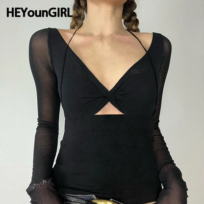 Stylish Cut Out Front Black Sexy Top for Women Mesh Long Sleeve V-neck Halter T-shirt Autumn Vintage Fitted Tees