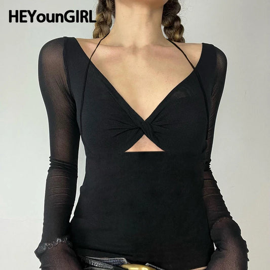 Stylish Cut Out Front Black Sexy Top for Women Mesh Long Sleeve V-neck Halter T-shirt Autumn Vintage Fitted Tees