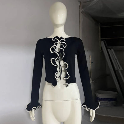 Elegant Slim Ruffle Lace Up Blouse Women Vintage Patchwork Hollow Out Short Cardigan Female Autumn Fashion Street Knitwear