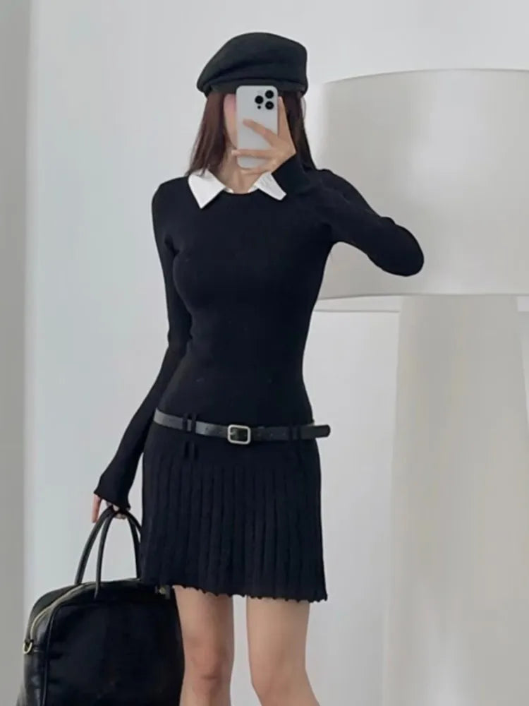 Korean Fashion Knitted Short Dresses for Women Autumn New Patchwork Long Sleeve Pleated A-line Y2K Sexy Party Dress with Belt