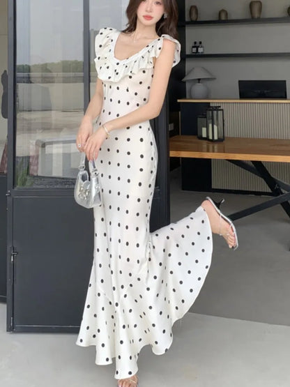 Elegant Bodycon Dot Midi Dresses for Women Ruffles V-neck Sleeveless Slim Mermaid Evening Party Dress Prom Robe Vestidos Mujer