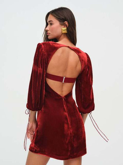 Elegant Long Sleeved Velvet Hollow Out Dress Women Sexy Backless Party Evening Dress Autumn/Winter 2025 New Slim Vestido
