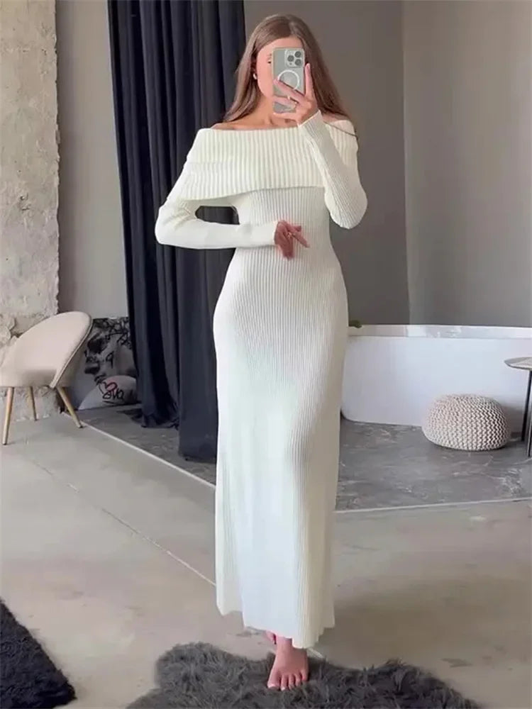 Fashion Knit Long Dress Off-Shoulder Female Ribbed Loose High Waist Elegant Autumn Party Dress Ladies Knitwear Maxi Dress