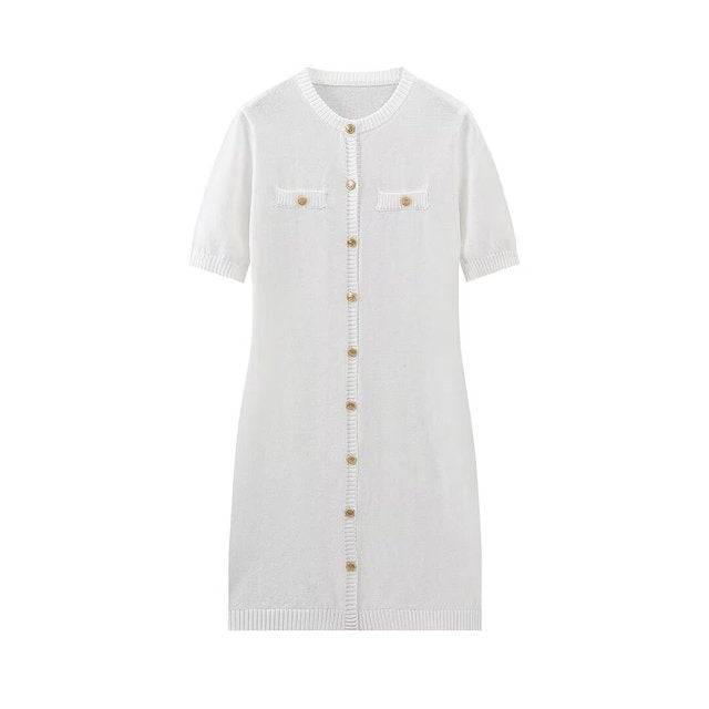Solid Color Elegant Knitted Mini Dress For Women Metal Button Sexy Slim Rib Sweater Dress Holiday Party Outfits Spring 2025 New