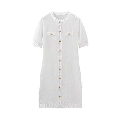 Solid Color Elegant Knitted Mini Dress For Women Metal Button Sexy Slim Rib Sweater Dress Holiday Party Outfits Spring 2025 New