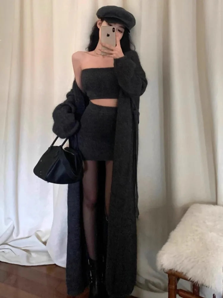 Autumn Winter New Knitted 3-piece Skirt Set Women Solid Long Cardigan Strapless Crop Top Mini Skirt Y2K Korean Chic Knitwear New