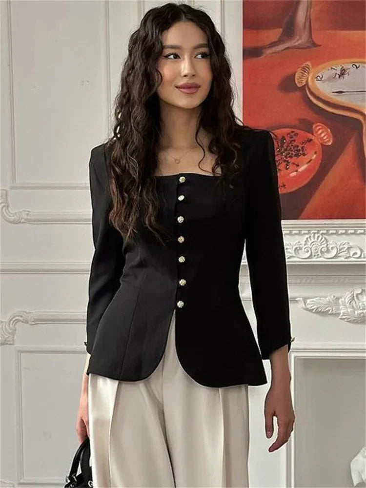 Autumn Square Collar Outwear Female Elegant Commute Cropped Long Sleeve Streetwear Patchwork Cardigan Solid Coat Ladies