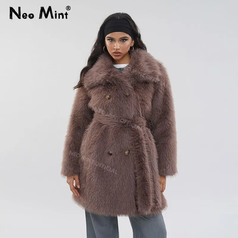 Luxury Brand Belted Long Fluffy Faux Fur Coat Women  Winter Thicken Warm Lapel Fox Fur Collar Furry Jacket Overcoat