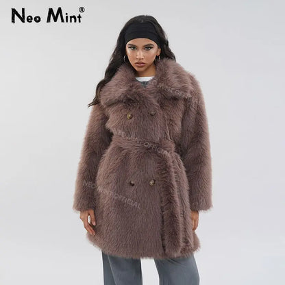 Luxury Brand Belted Long Fluffy Faux Fur Coat Women  Winter Thicken Warm Lapel Fox Fur Collar Furry Jacket Overcoat