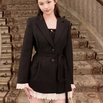 Elegant Black Suit Dress Women Lace Patchwork Blazer Dress Turn-down Collar Slim Korean Fashion Y2K Autumn New Mini Vestidos