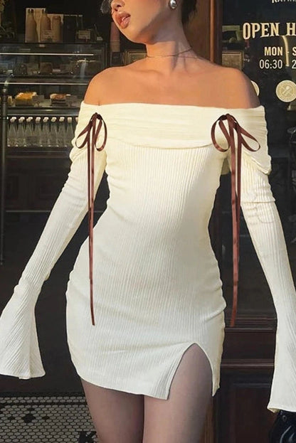 Off-Shoulder Lace Up Mini Dress with Flare Sleeves and Split Hem