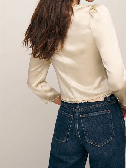 FashionSierra - Elegant Long Sleeve Square Neck Lace Trim Tie Up Cardigans Party Club Streetwear Tee
