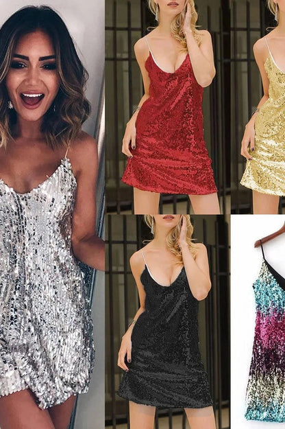 V-Neck Backless Mini Dress with Spaghetti Straps