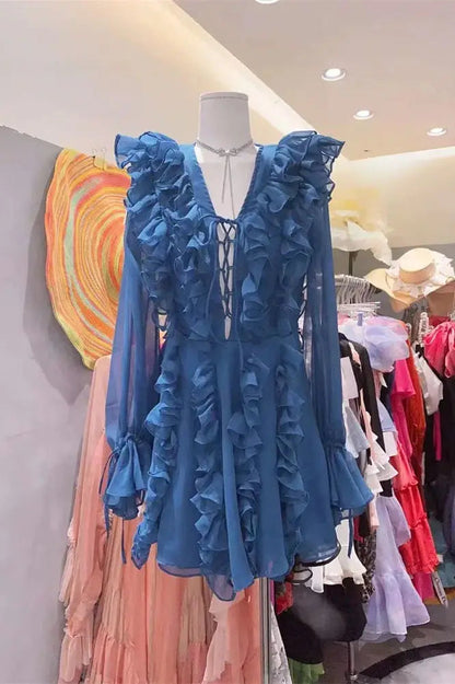 V-Neck Lace-Up Ruffled Mini Dress