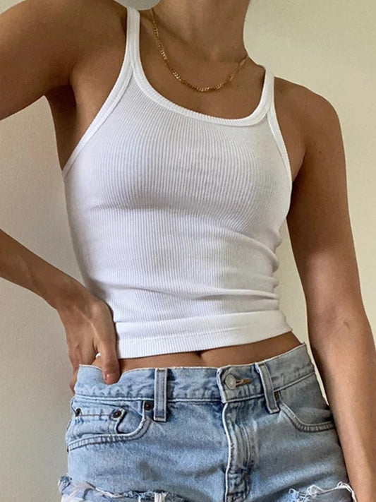 White Solid Basic Ribbed Cropped Vest Sleeveless Slim O Neck Tanks Camis Women Simple Fashion Elegant Summer Top Tees