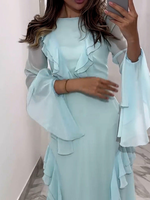 Artcat Elegant Long Sleeved Ruffled Bodycon Women Dress Fall 2025 New Mesh Hollow Out Evening Dress Slim Fit Party Club Vestidos