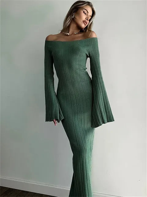 Autumn Knit Ribbed Long Dress Women Off-Shoulder Slim High Waist Patchwork Elegant Party Dress Female Maxi Dress Knitwear