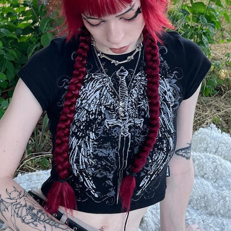 90s Harajuku printed T-shirt short sleeved tight top women&#8217;s Y2K street wear exposed navel top