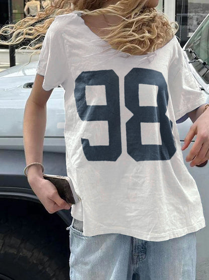 Figure Print Loose Casual Boyfriend Long T-Shirt Women O Neck Short Sleeve Summer Korean Top Tees Simple Lazy Homewear